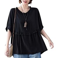 Women's V Neck Button Blouses Ruffles Loose Casual Tops
