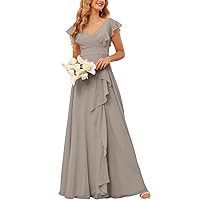 Prom Dresses A-Line Ruffles Short Sleeve V-Neck Long Bridesmaid Dress