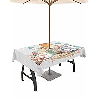 Summer Surfing Outdoor Indoor Table Cloth Rectangle Table 60x102, Ocean Shell Starfish Coconut Tree Gnomes Washable Waterproof Tablecloth with Umbrella Hole Zipper for Parties Pool Patio Coffee