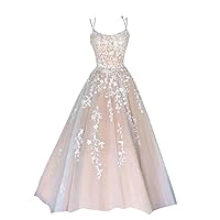 Elegant A line White Lace Champagne Satin Formal Prom Dresses Evening Gowns with Spaghetti Straps Corset 2024