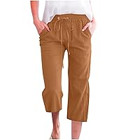 Capri Pants for Women Casual 2024 Summer Linen Pants Drawstring Elastic High Waist Straight Wide Leg Cropped Trousers