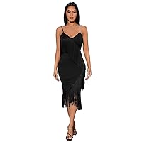2023 Women's Dresses Fringe Trim Cami Bodycon Dress Women's Dresses (Color : Black, Size : XX-Small)