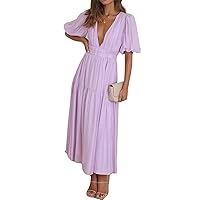 Womens Sexy Puff Sleeve Deep V Neck Ruched Solid A-Line Party Clubwear Dress