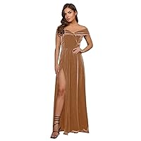 Basgute Velvet Long Bridesmaid Dresses for Wedding Off Shoulder Slit A Line Maxi Formal Evening Party Gown for Women