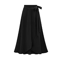 Women's Wrap Side Tie High Rise Split Skirt Solid Maxi Skirt Boho High Waisted Long Dresses Ruffle Hem Skirt with Slit