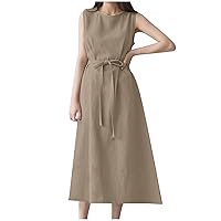 Womens Cotton Linen Maxi Dress Vintage Belted Sleeveless Tank Dresses Summer Beach Casual Loose Crew Neck Long Sundress