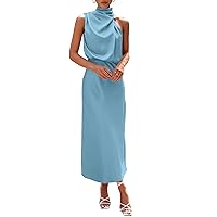 PRETTYGARDEN Women's 2024 Summer Satin Dress Elegant Sleeveless Mock Neck Cocktail Party Maxi Dresses