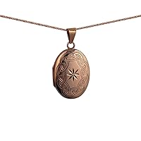 British Jewellery Workshops 9ct Rose Gold 27x20mm oval hand engraved celtic knot pattern centre star set with Diamond Locket with a 1mm wide curb Chain