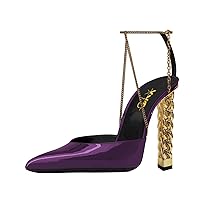 XYD Women Chic Pumps with Ankle Chain Strap Pointed Toe Patent Leather Block Metal Golden High Heels Cocktail Formal Party Sandals Shoes