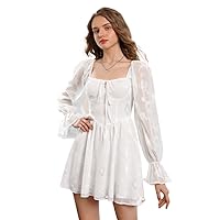 Womens Fall Fashion 2022 Jacquard Tie Front Flounce Sleeve Dress (Color : White, Size : Small)