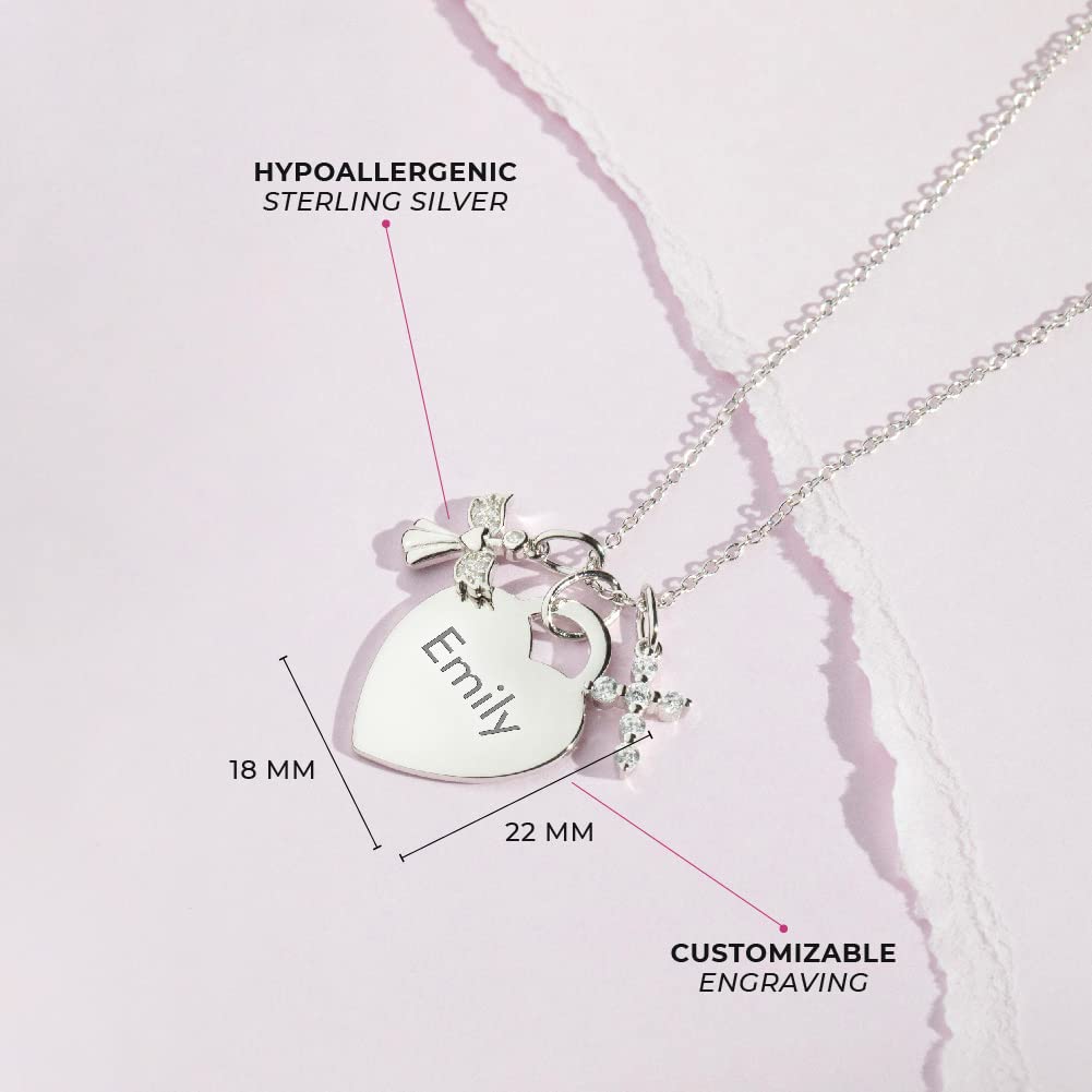 925 Sterling Silver Personalized Heart Necklace for Young Girls with Clear Cubic Zirconia Guardian Angel & Cross Pendant - Engravable Shiny CZ Heart Shape Name Tag ID Necklaces for Children & Teens