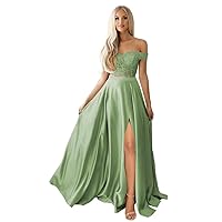 Women’s 2-Pieces Off Shoulder Lace Prom Dresses with Slit Plus Size, A-line Long Formal Evening Party Gown with Pockets