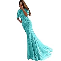 Women's Lace Half Sleeves Mermaid Evening Dresses Long Backless Party Prom Gowns Lake Blue