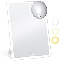 Rechargeable Makeup Mirror with Lights, Portable Travel Makeup Vanity Mirror with 10X Magnifying Mirror, 3 Color Lighting, High Capacity 2000mAh Batteries, Travel Essential Mirror