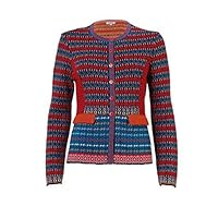 Merino Wool Sweater with Peplum, Front Button Closure with Pockets, Blue/Red