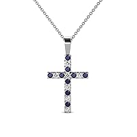 Petite Blue Sapphire & Natural Diamond (SI2-I1,G-H) Cross Pendant 0.35 ctw 14K Gold. Included 16 Inches 14K Gold Chain.