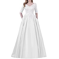 Satin Mother of Bride Dress for Women Formal Party Evening Gown V Neck Laces Mother of Groom Dresses with Pockets