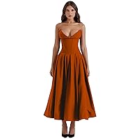 Women's Strapless Casual Loose Ruched Long Maxi Dress with Pockets V Neck Sleeveless Midi Dress