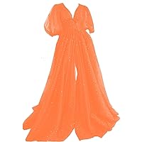 Women's Sparkle Starry Tulle Prom Dresses Puffy Sleeves Split Evening Party Gowns V-Neck Long Formal Dresses with Pocket