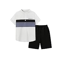 COZYEASE Boy's Casual 2 Piece Outfits Letter Print Color Block Short Sleeve Tee Shirt and Shorts Loose Summer Set
