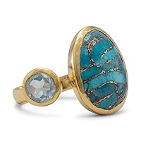 Gold Plated 925 Sterling Silver Ring 6mm Blue Topaz 13mm X 17mm Oval Turquoise Copper Stone Jewelry for Women - Ring Size Options: 5 6 7 8 9