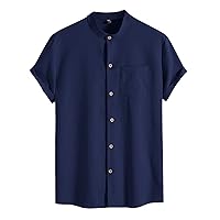 Solid Color Pocketed Button Down Shirts for Big & Tall Men Band Collar Regular Fit Lightweight Short Sleeve Summer Tops