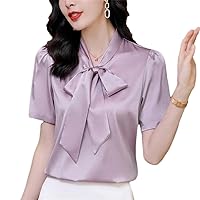 Summer Women's Solid Blouse Bow Short Sleeve Shirts Blouses Woman Tops Real Silk Office Lady Satin Shirt