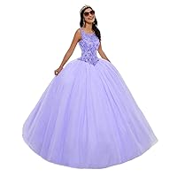 Women's Lace Appliques Quinceanera Dresses Beading Sequined Tulle Ball Gown Evening Prom Dress