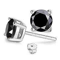 Solitaire Round Black Onyx 925 Sterling Silver Stud Earrings Platinum Plated Fine Jewelry for Girls Women