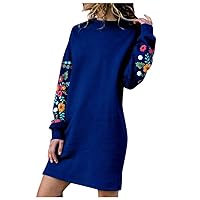 Women's Tunics Sweatshirt Dress Long Sleeve Plus Size Crewneck Cropped Dress Embroidery Floral Pullover Onesie Dress