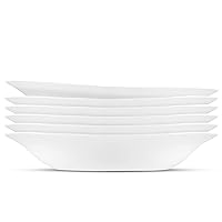 Bormioli Rocco Parma Set Of 6 Pasta Bowls And Soup Plates, 8.75 Inch Tempered Opal Glass, Clean White, Linear & Curved Design, Dishwasher Safe, Made In Spain.