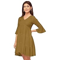 Trendy V Neck Solid Rayon Dress - Tired Look, Casual Daywear Regular Fit