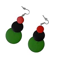 Women's Red Black and Green Pan-african Flag Dangling Hoop Wooden Earrings with Silvertone 4