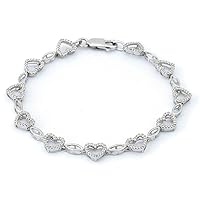 925 Sterling Silver Heart Round Cut Prong Set 0.12 dwt Diamond Bracelet