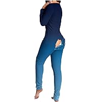 Gradient Onesie Women Pajamas Sexy Bodycon Jumpsuit Pjs with Back Functional Buttoned Flap Long Sleeve Sleepwear
