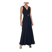 DKNY Womens Navy Zippered Belted Pleated Lined Bodice Godets Sleeveless V Neck Full-Length Formal Gown Dress 8