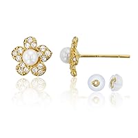 14K Yellow Gold 3mm Fresh Water Pearl & Cubic Zirconia Flower Stud & 14K Silicone Back