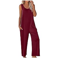 Sleeveless Romper Pants for Women Loose Fit Solid Jumpsuit Sexy Wide Leg Overalls Summer Rompers Outfit with Pocket