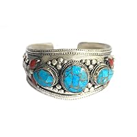 Blue Stabilized-Turquoise & Red Coral Mosaic Cuff Bracelet | Adjustable Ornate Jewelry For Men & Women | LIMITED EDITION