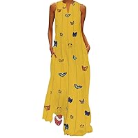 FQZWONG Women's Boho Sleeveless Maxi Dress Summer Casual Striped Butterfly Printed Notch Neck Tank Dress for Beach Vacation