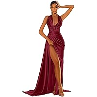 Eightale Halter V-Neck Prom Dresses Satin Long Ruched with Slit Mermaid Formal Evening Gown