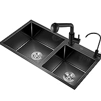 Kitchen Sinks, Stainless Steel Sink Kitchen Sink Double Bowl Sink Large Sink with Pull-Out Faucet Accessories Included/Black/75 * 41Cm