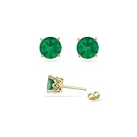 Natural Round Emerald Scroll Stud Earrings in 14K Yellow Gold From 3MM - 5.5MM