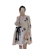 Retro Flower Pleated Dress for Women Spring Summer Single Breasted Drawstring Loose Dresses