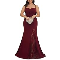 Women Plus Size Large Elegant Dress Lace Splice Solid Color Long Slim Fit Strap Dress