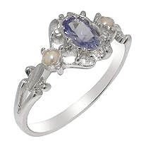 10k White Gold Natural Tanzanite & Cultured Pearl Womens Trilogy Ring - Sizes 4 to 12 Available