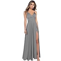Women's Spaghetti Straps Soft Satin Bridesmaid Dresses V Neck Long Satin with Slit Formal Prom Gowns Backless