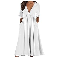 XJYIOEWT Beach Dresses for Women 2024 Vacation,Womens Fashion Casual Short Sleeve V Neck Pocket Solid Loose Long Dress