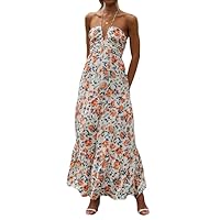 Women's Summer Chiffon Halter V Neck Sleeveless Floral Flowy A Line Maxi Dress Boho Backless Tiered Swing Long Beach Dress