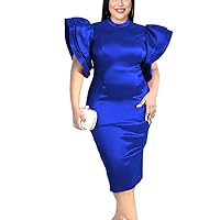 Women's High Neck Shiny Ruffled Tiered Sleeves Bodycon Party Club Midi Dress High Neck Formal Evening Dresses